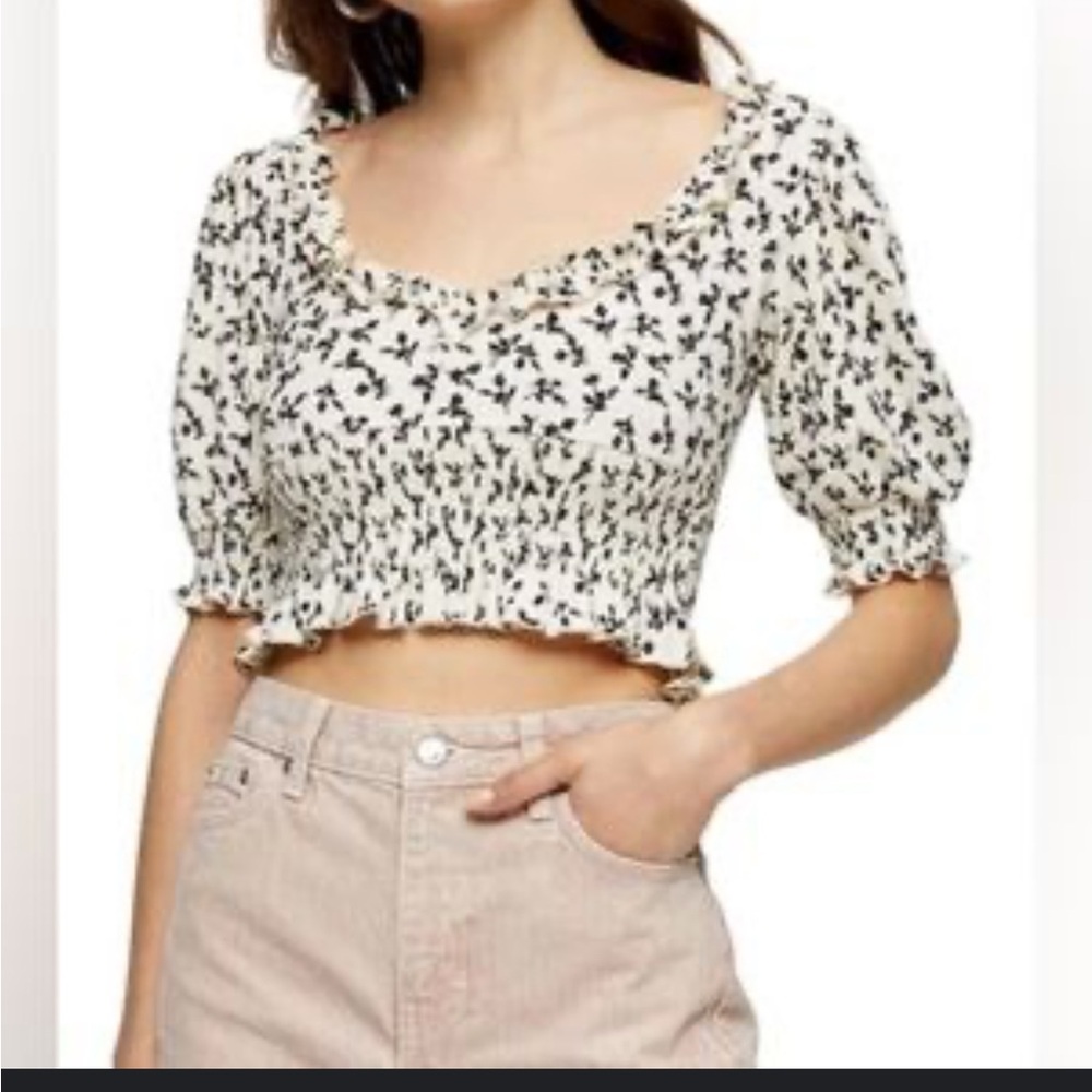 Topshop Black and White Floral Crop Top